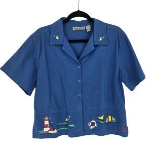 Jane Ashley womens size Medium blue cotton sail boat lighthouse painted graphic